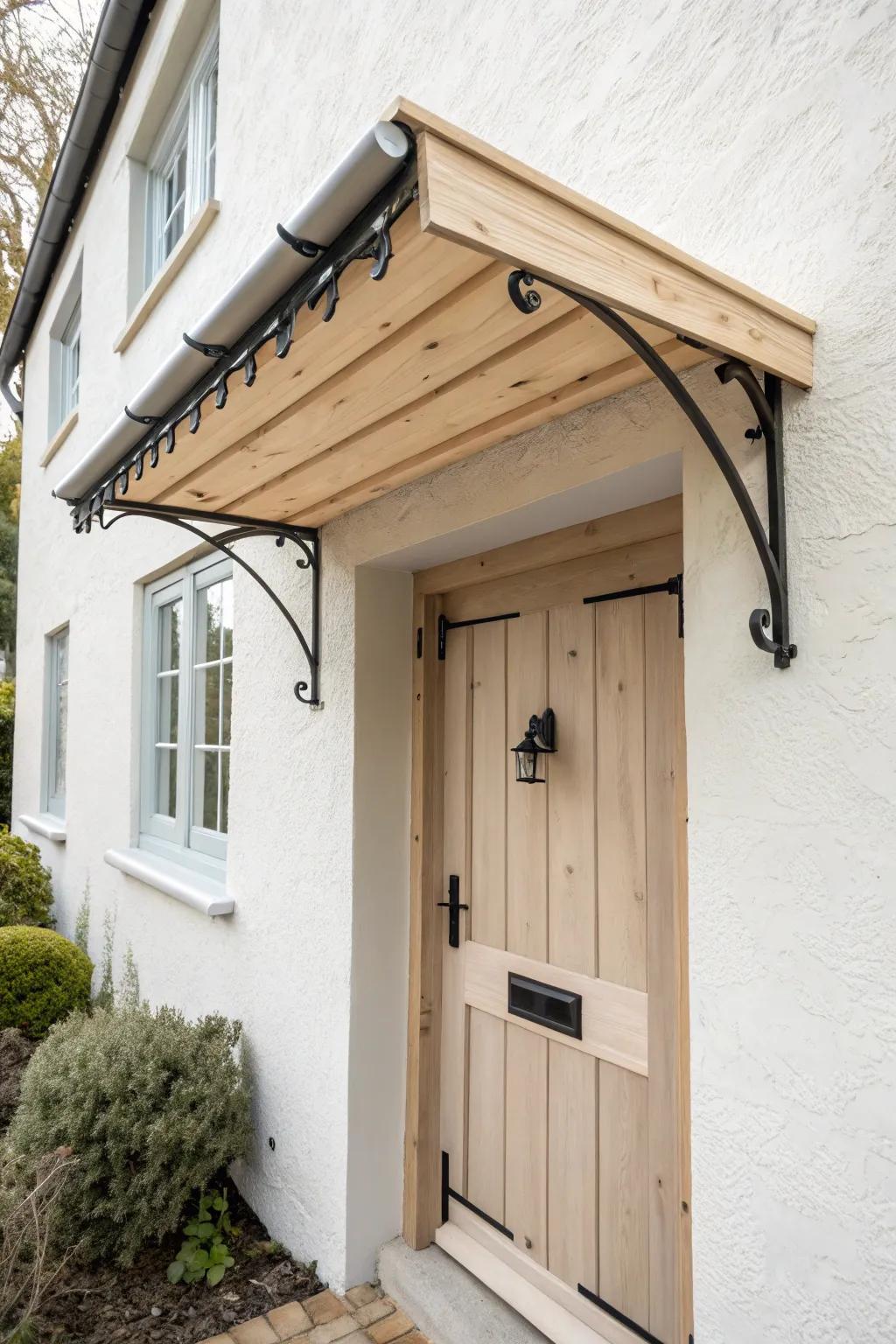 A petite awning adds instant shelter and makes a small front door feel like a destination.