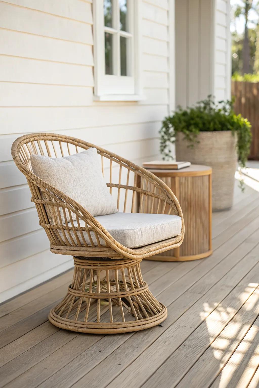A petite swivel porch chair that turns for easy chats—stylish, comfy, and space-smart.