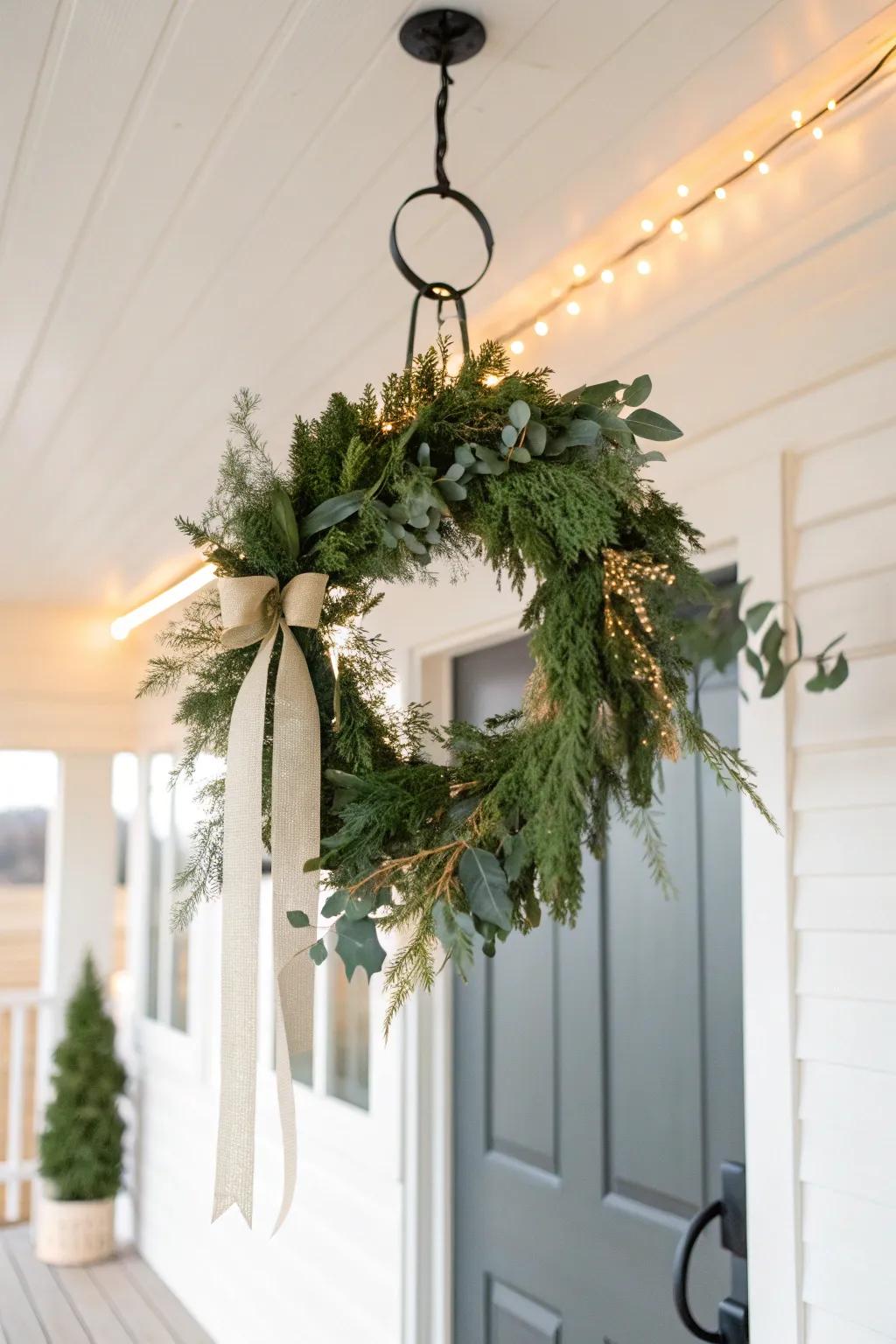 A wreath chandelier with tiny lights adds porch drama—without taking up any floor space.