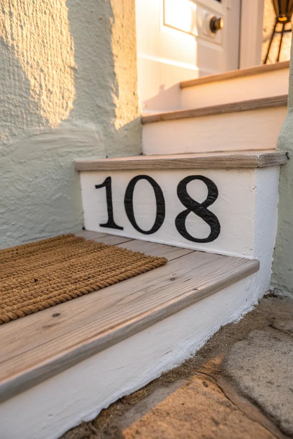Bold black house numbers on the riser make even a tiny front step feel finished.
