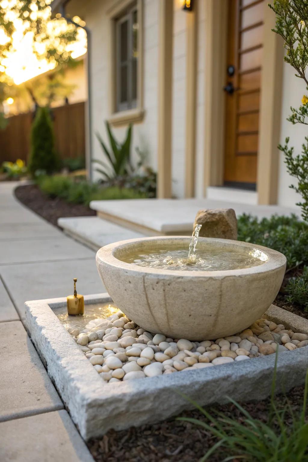 A petite fountain turns a tiny townhouse front bed into a calm, designed courtyard.