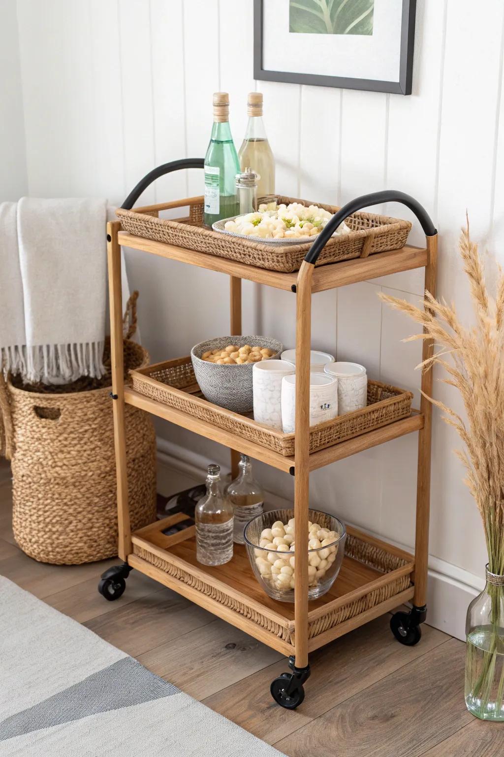 Mini snack nook: a sleek cart stocked with treats so your small gaming den feels complete.