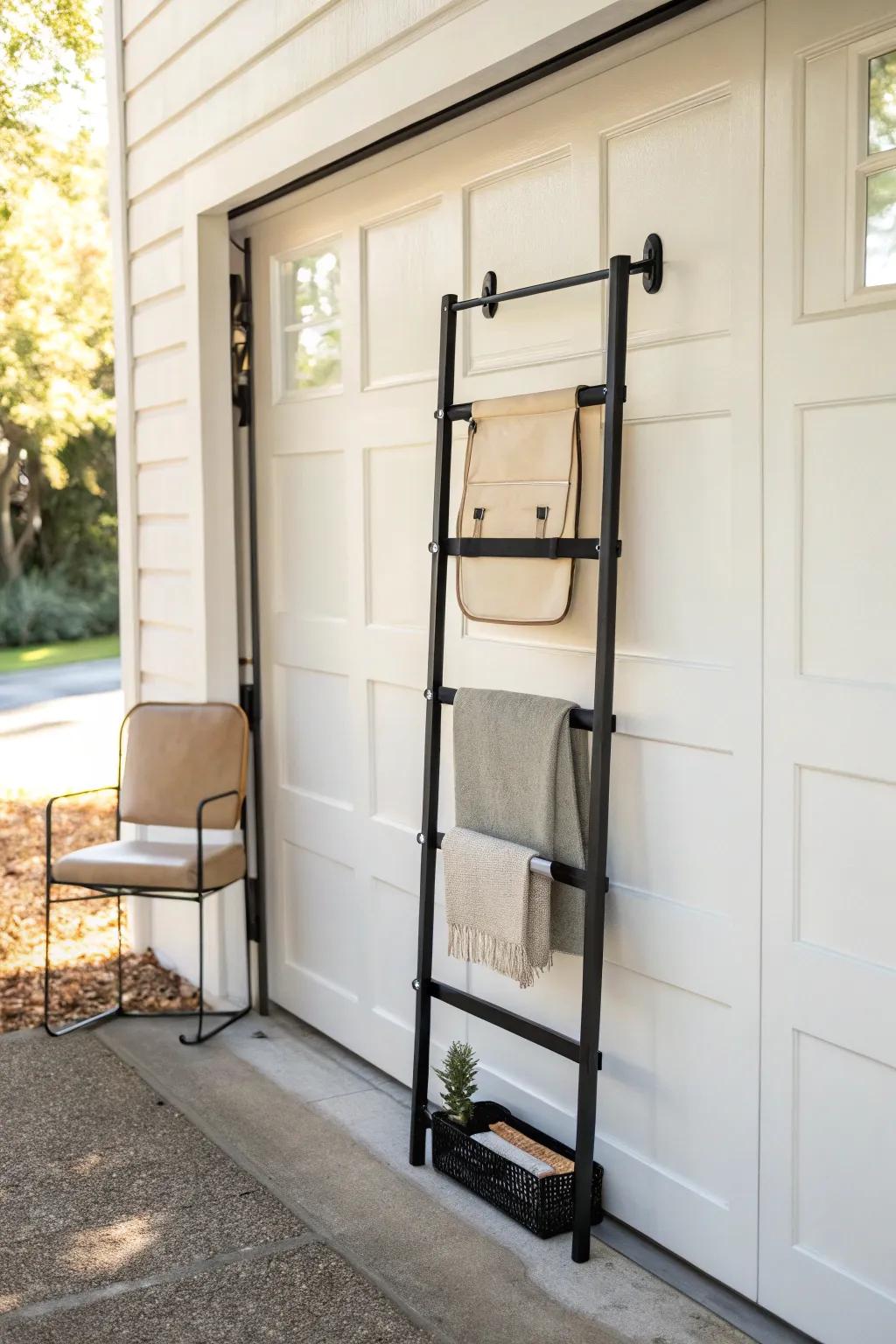 A slim rack on the garage door keeps light gear tidy—extra storage without using wall space.