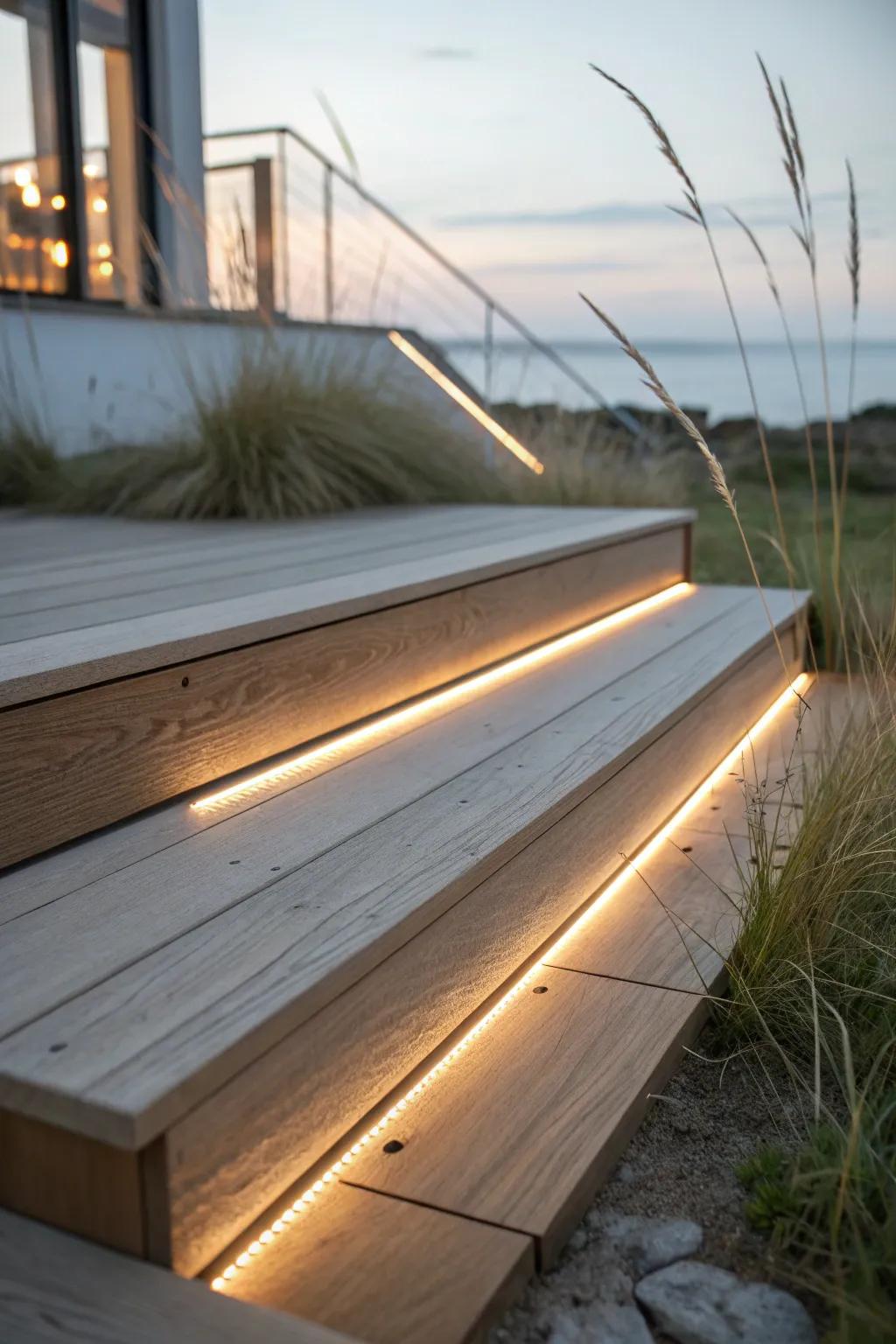 Warm deck edge lighting turns a small step into a cozy, safe pathway after sunset.