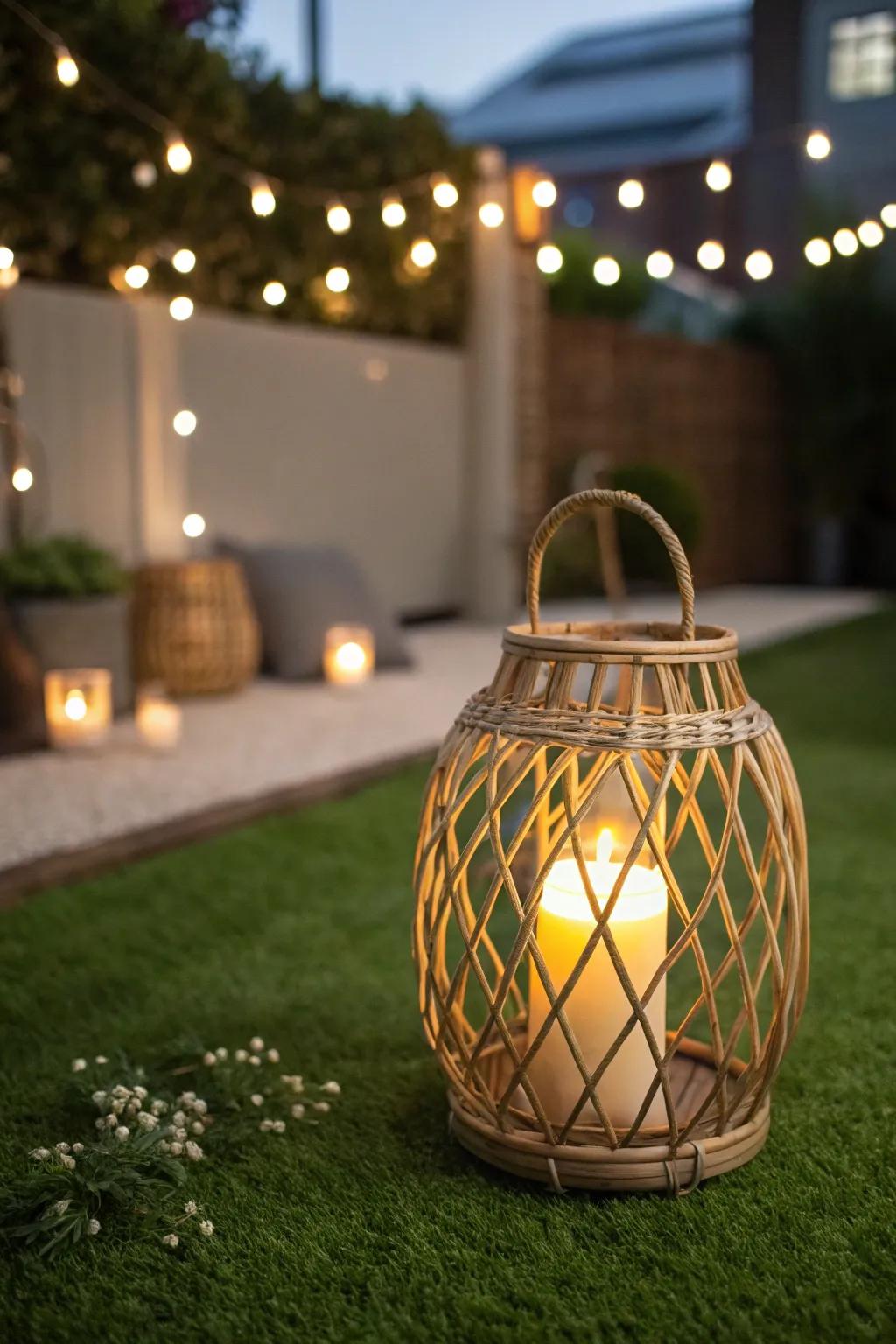 A woven lantern glowing on lush artificial grass—tiny garden, big cozy night vibes.