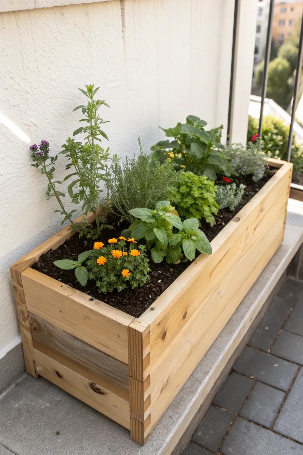 Mini potager planter: herbs and blooms together for charming, usable small-space garden decor.