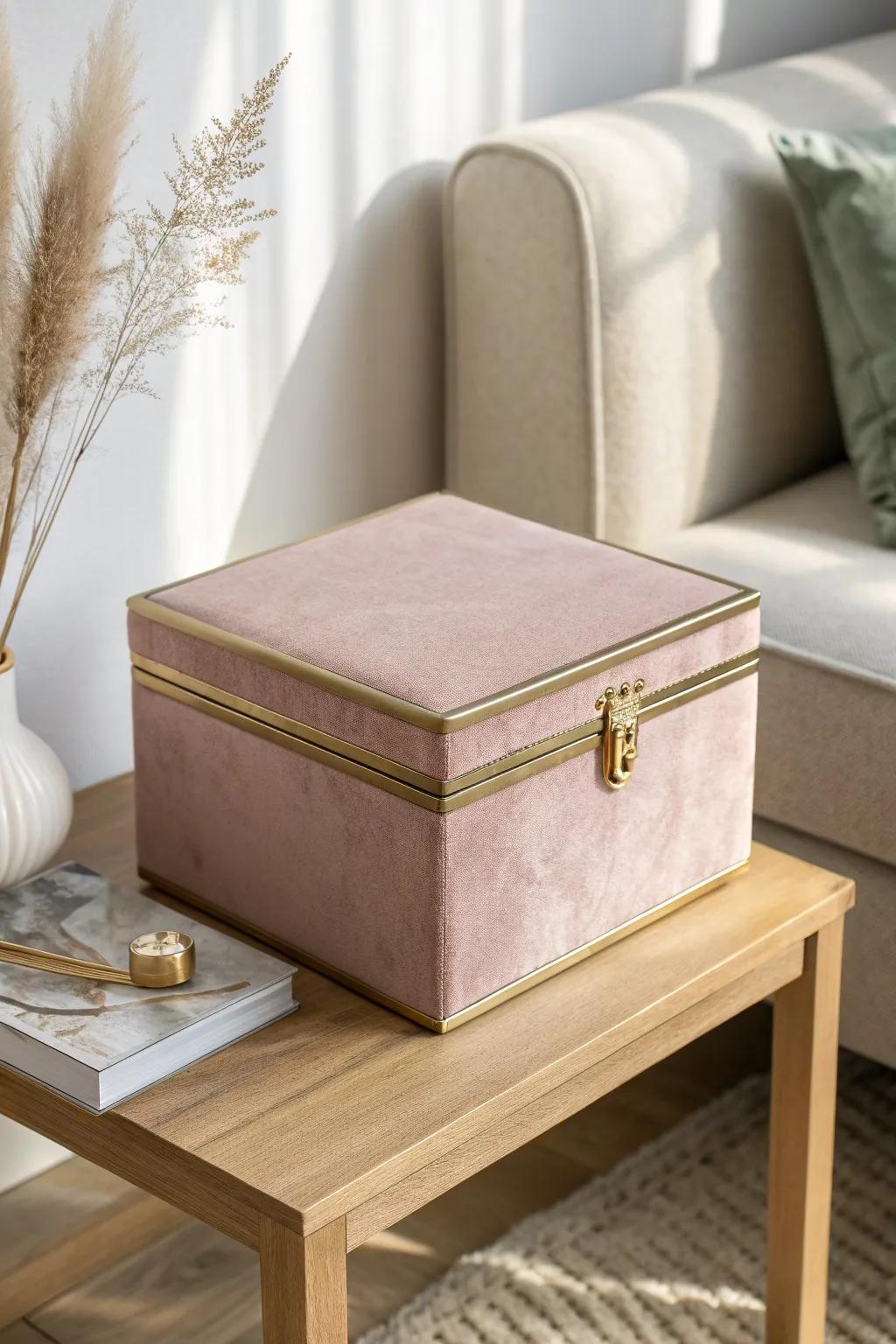 A luxe lidded box hides remotes and chargers—glam, tidy, and perfect for small spaces.
