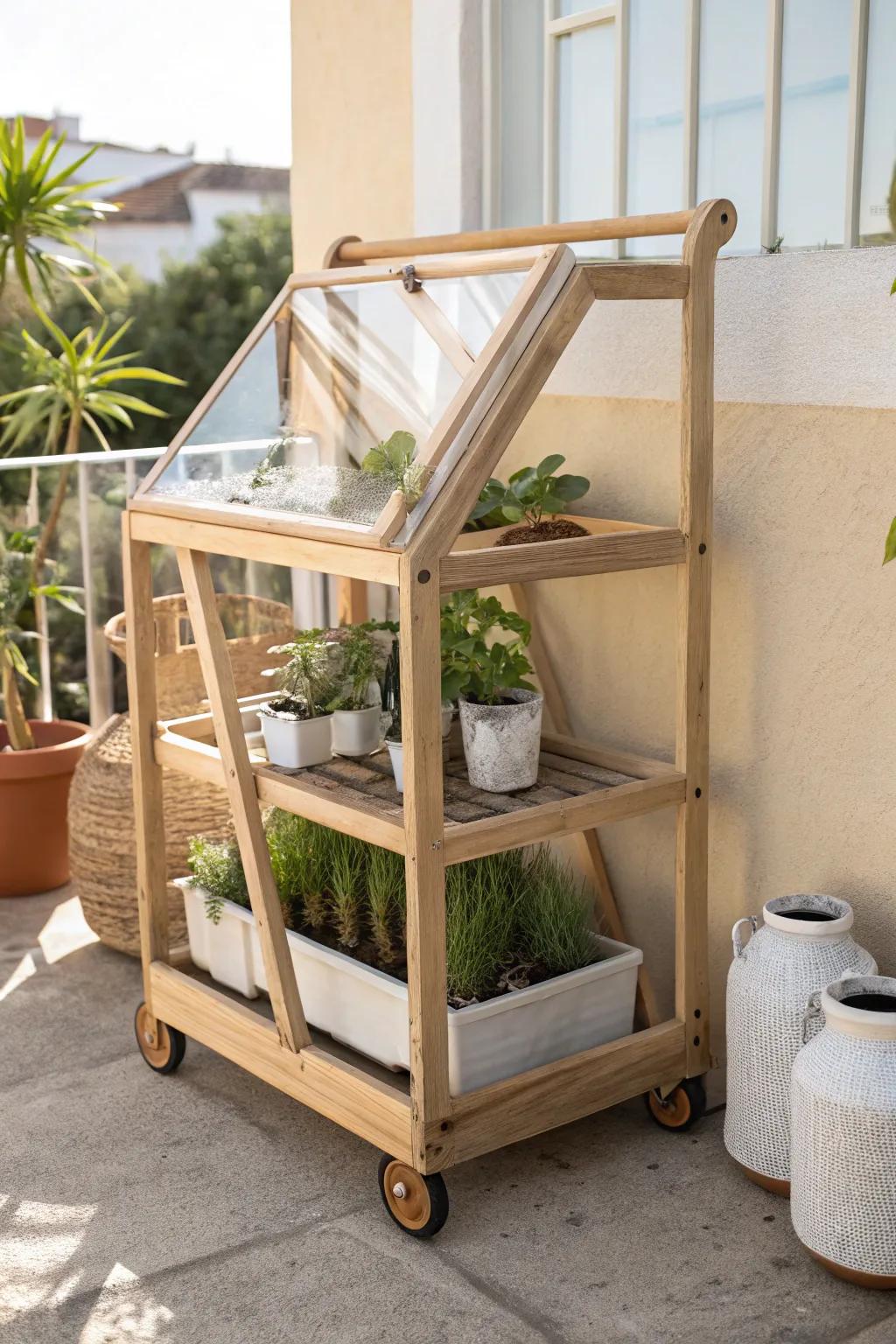 A rolling mini greenhouse cart that follows the sun—beautiful, compact, and storm-ready.