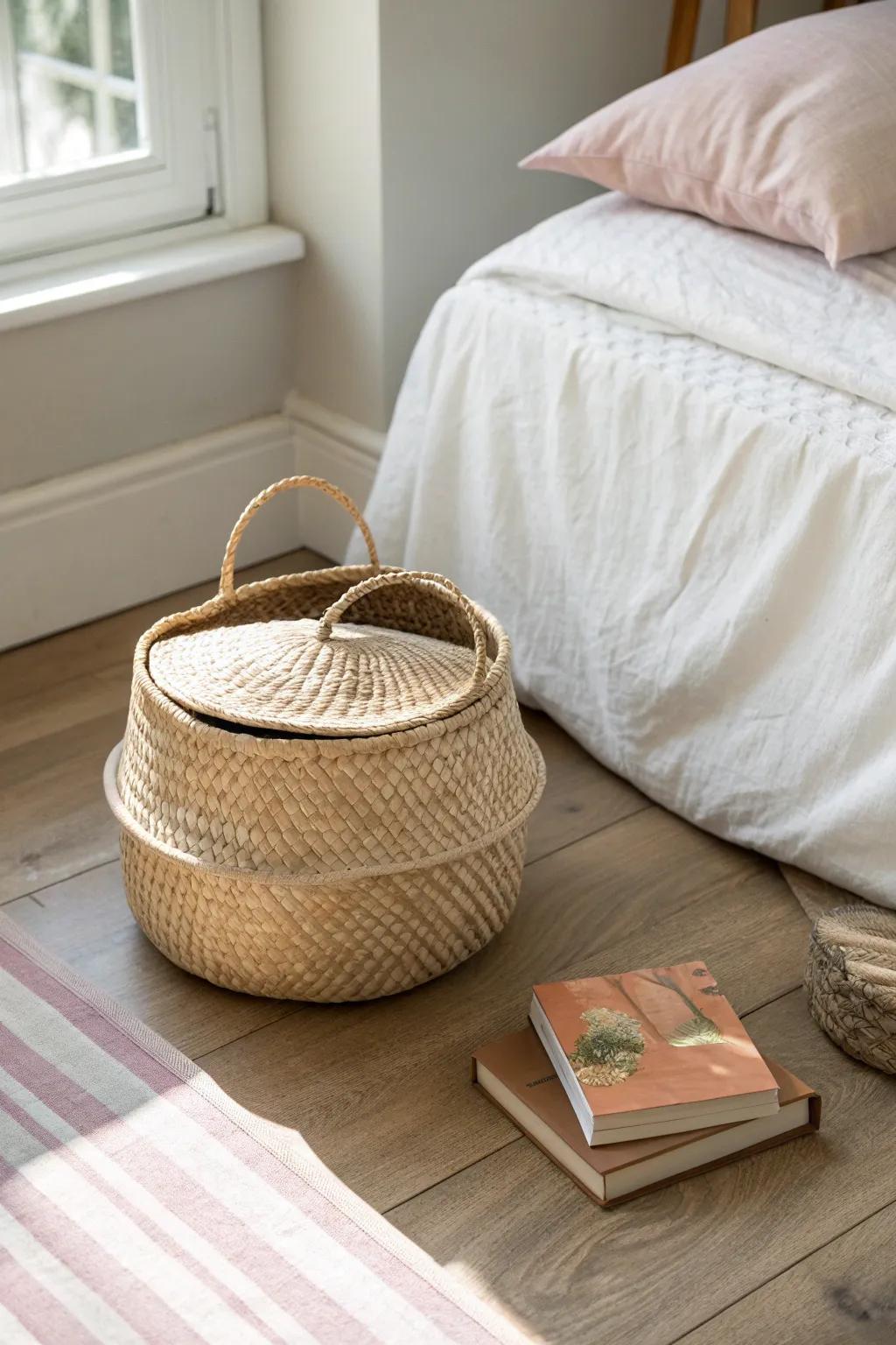 A lidded woven basket creates a chic drop zone for guest essentials—budget-friendly and tidy.