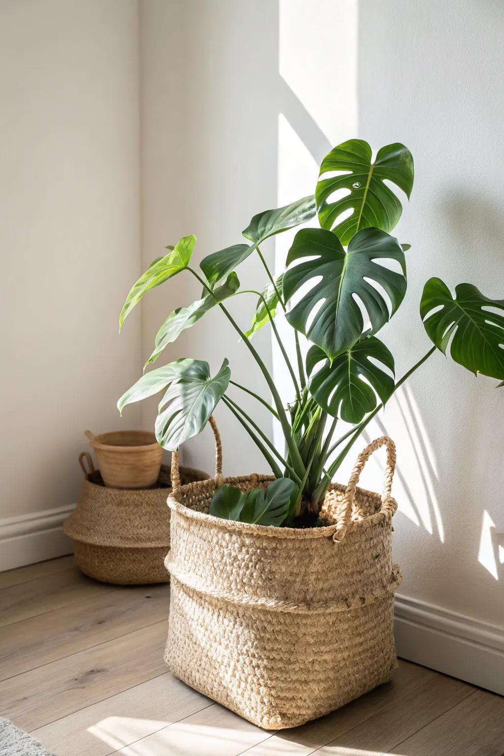 One oversized plant turns a tiny corner into a calm, fresh focal point—no clutter needed.