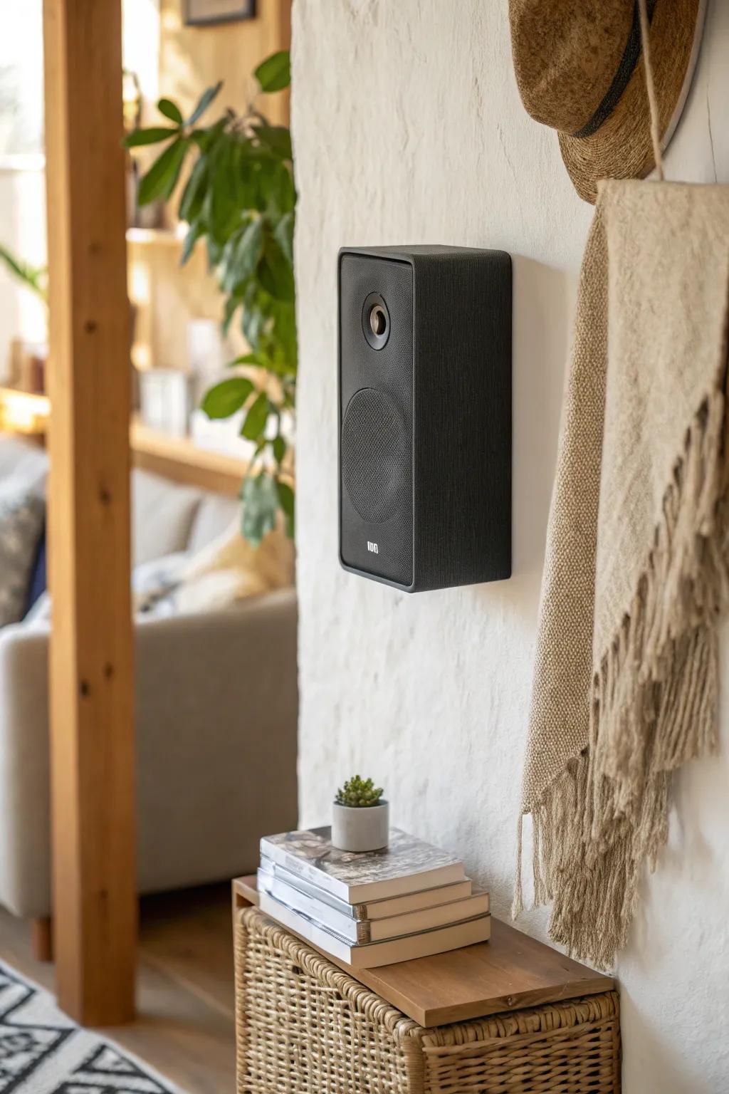 A tiny wall speaker at ear height delivers big cinema sound without crowding your small theater.