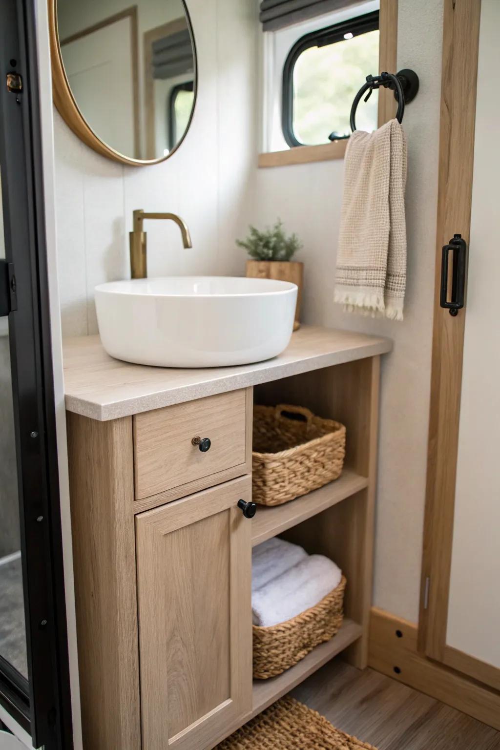 A micro vanity outside the toilet area adds privacy and a spa vibe in a small horse trailer.
