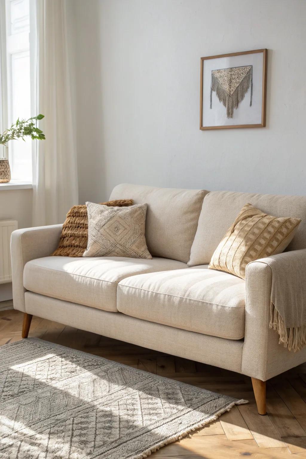 Float your sofa off the wall—just a few inches adds flow, lightness, and easy cleaning.