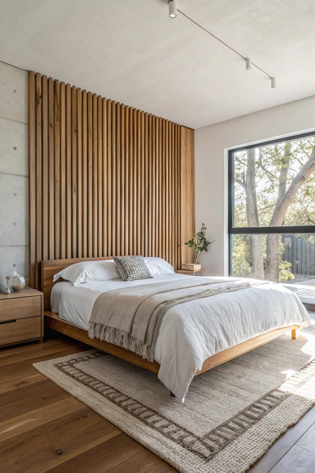 Warm vertical wood slats add Japanese calm and make a small bedroom feel taller instantly.