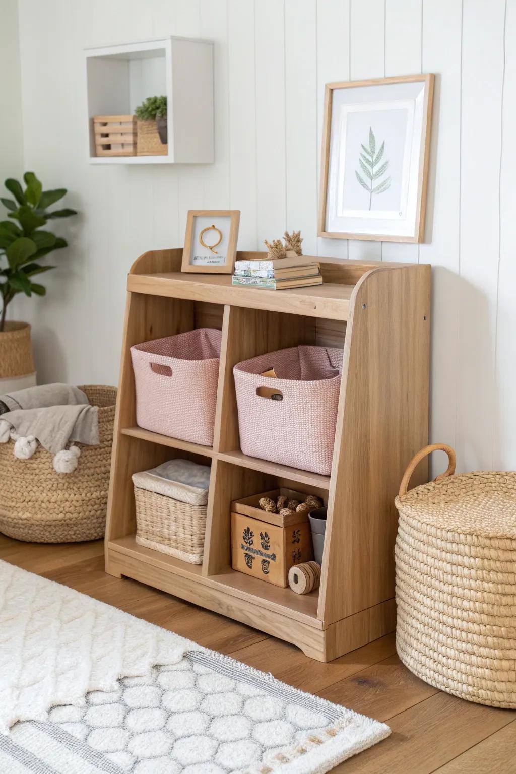 Open cubbies keep toys visible and cleanup easy—one bin, one category for calm order.