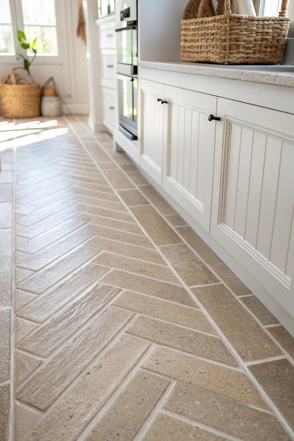 Diagonal tile draws the eye outward, making a narrow galley kitchen feel instantly wider.