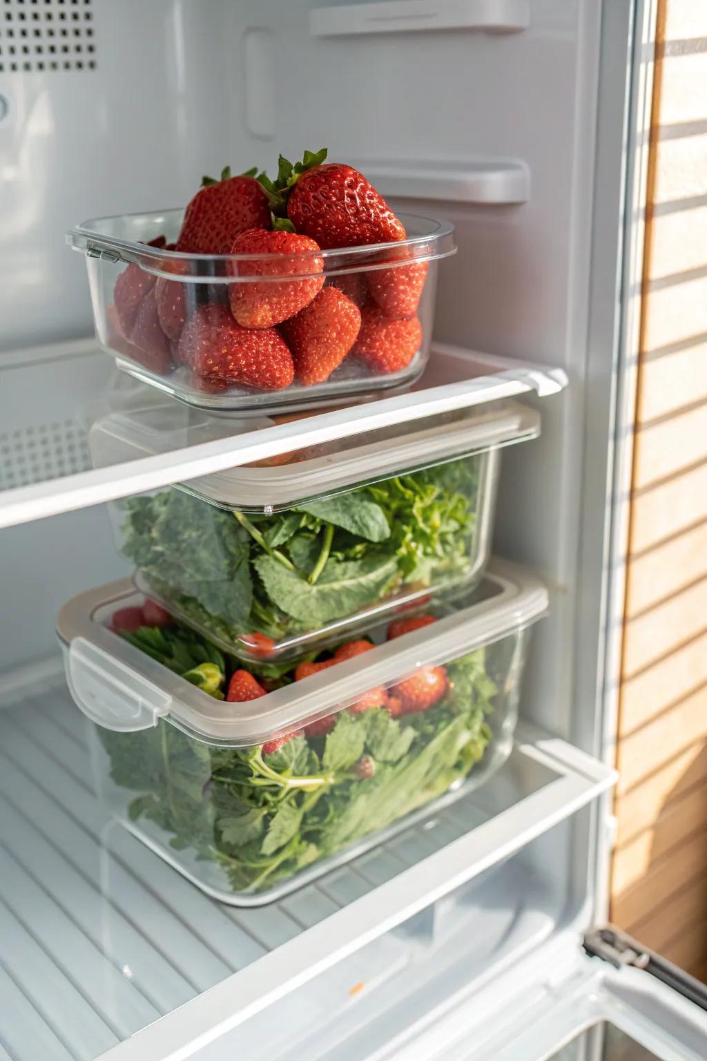 Stackable clear containers turn a tiny fridge into a calm, color-coded pantry in minutes.