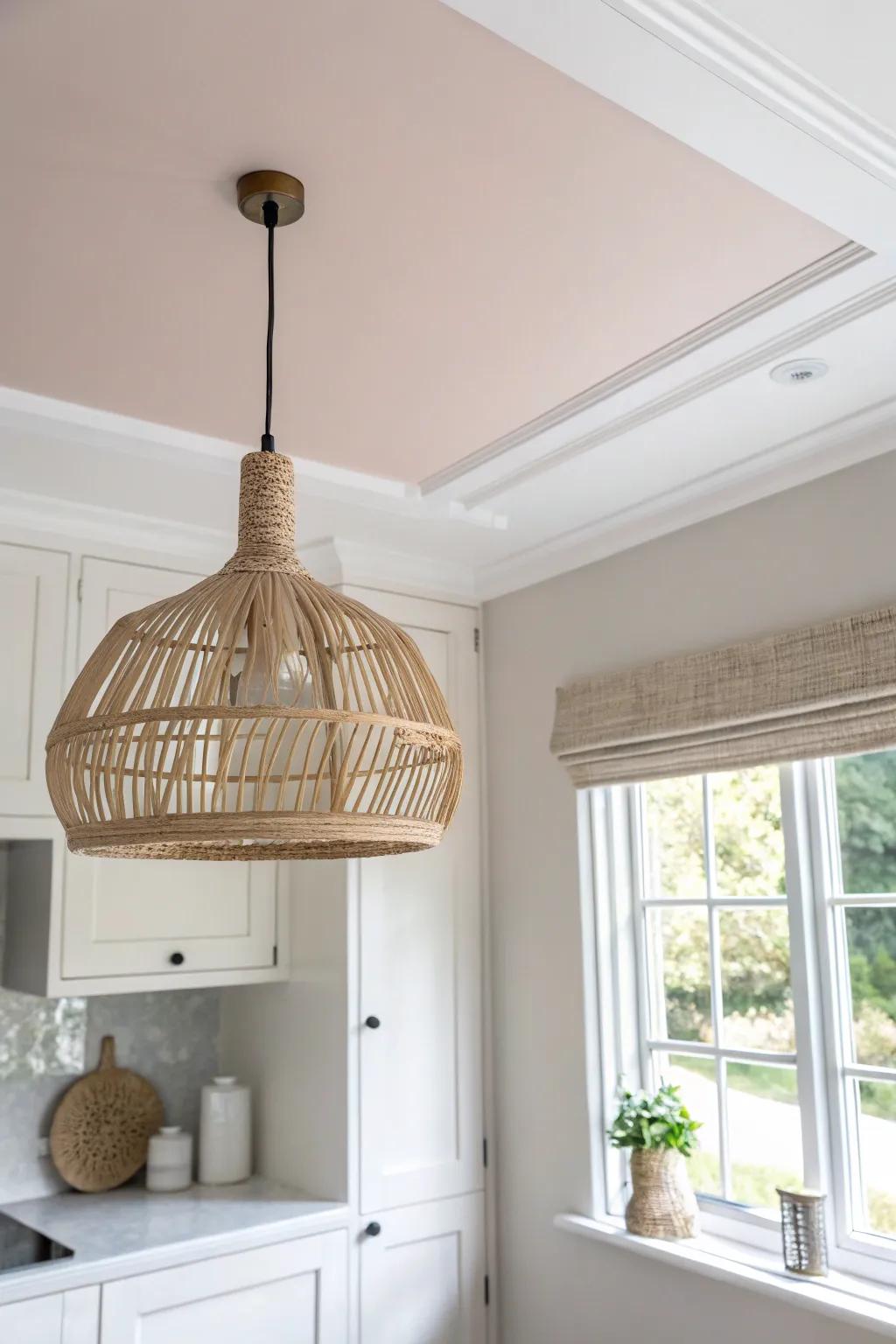 A whisper-tint ceiling lifts tiny kitchens—soft blush/greige adds height without clutter.