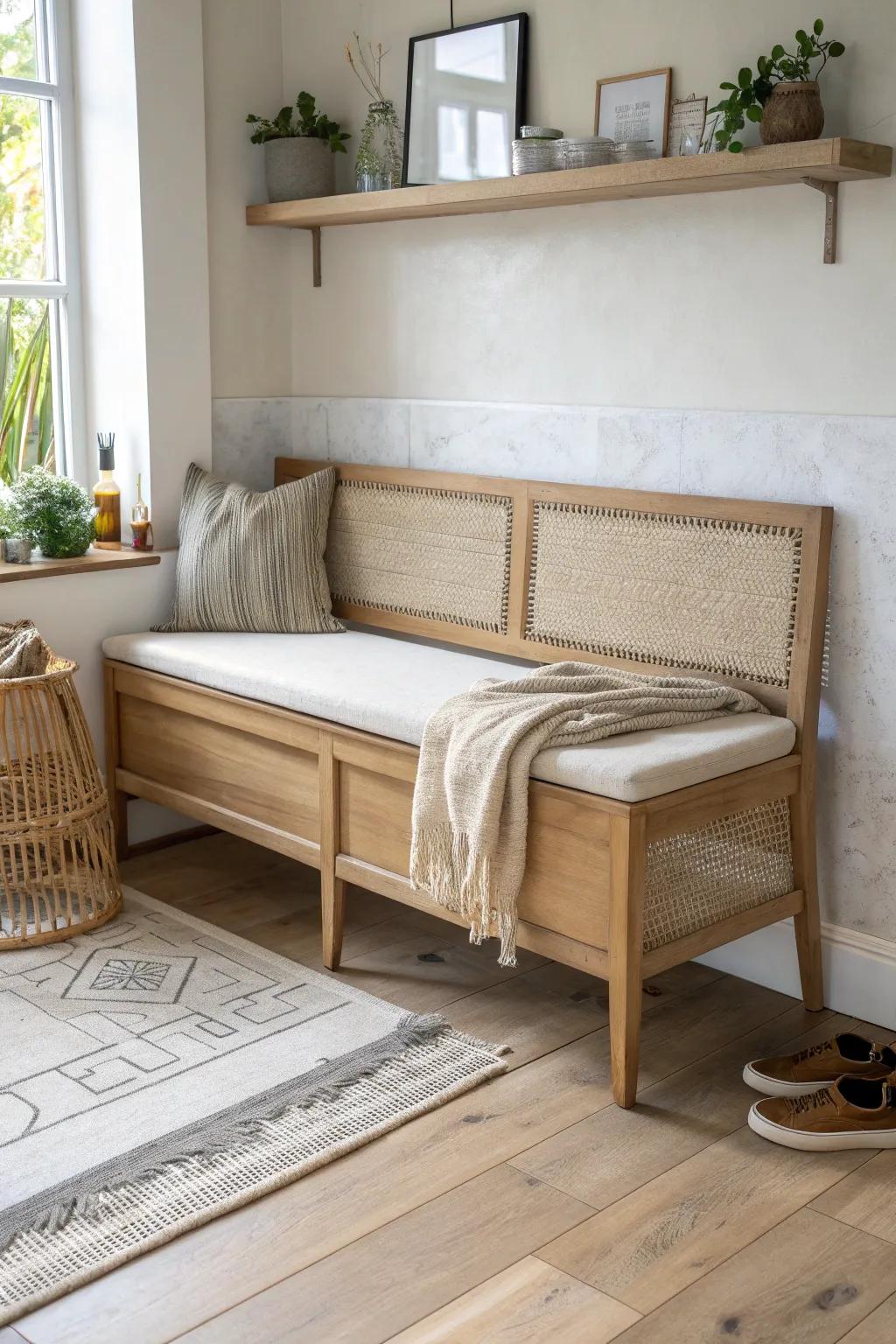 A slim banquette beside the peninsula creates a cozy dining nook without adding visual clutter.