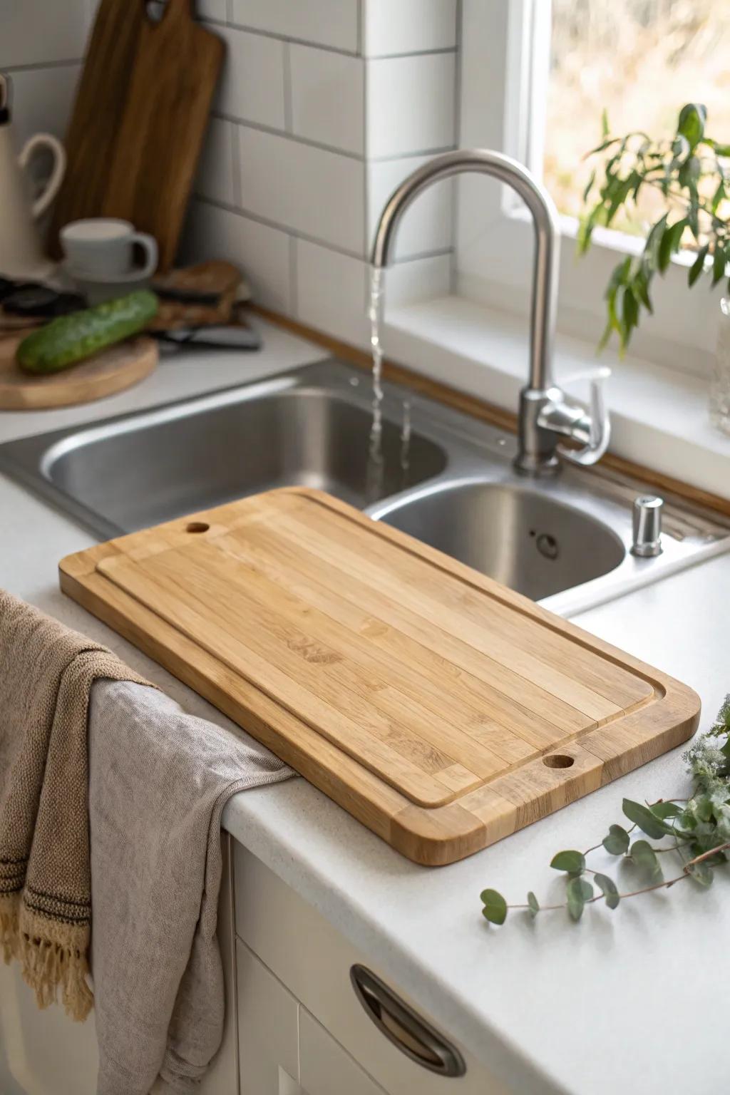 A slide-over sink cutting board adds instant prep space—perfect for tiny kitchens.