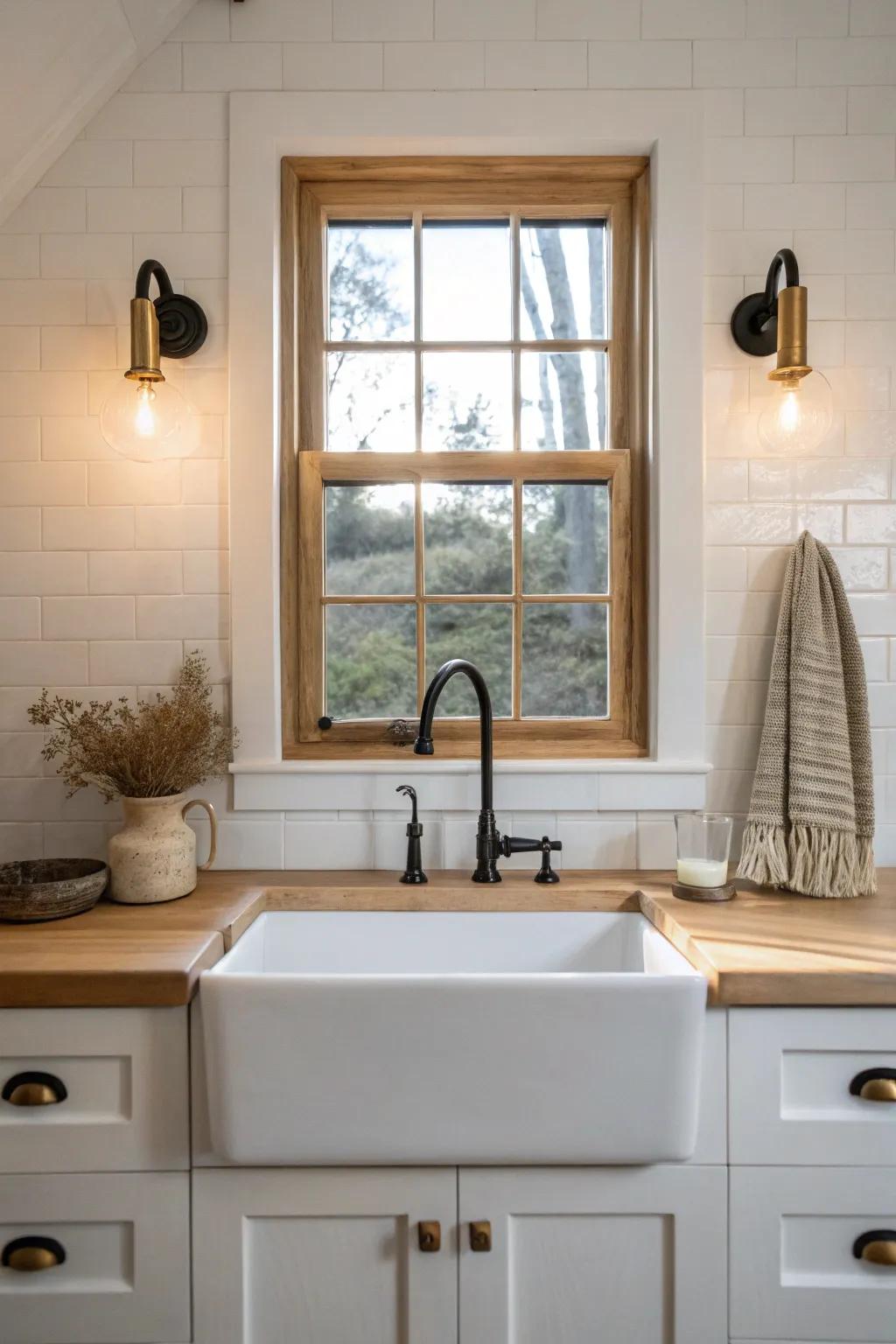 Slim brass sconces above a tiny sink window add cozy layers without stealing the view.