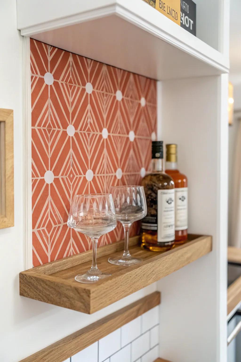 A tiny bar with big energy—bold statement wallpaper makes the bar zone pop in small spaces.