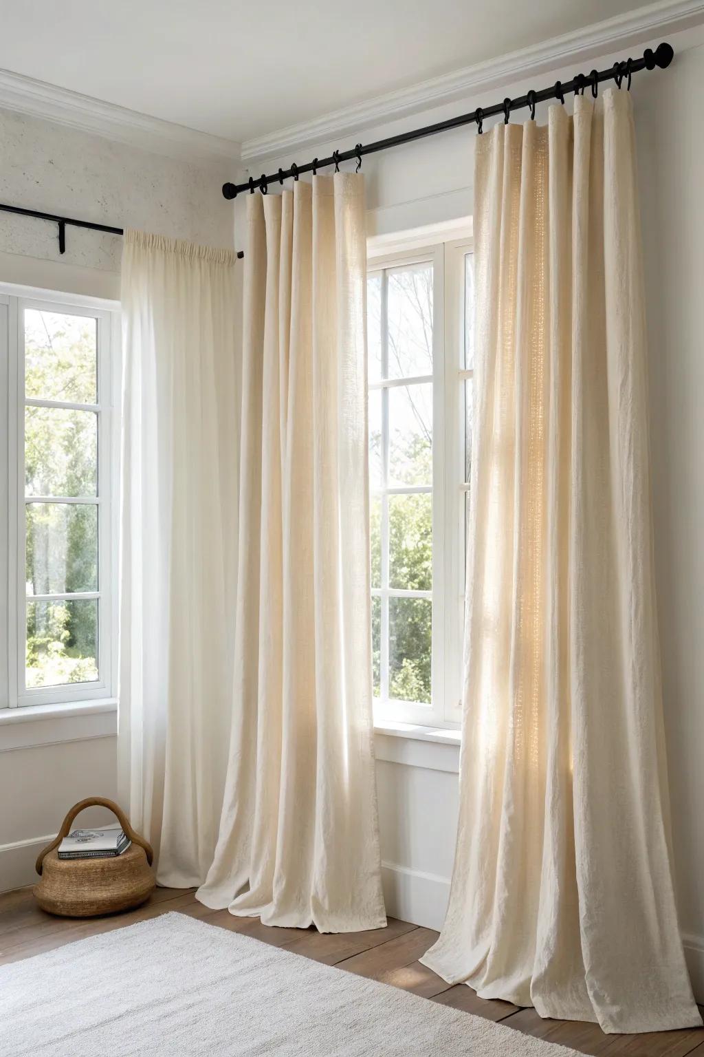Sheer bay window panels that stack aside—cozy nook vibes while keeping every bit of light.
