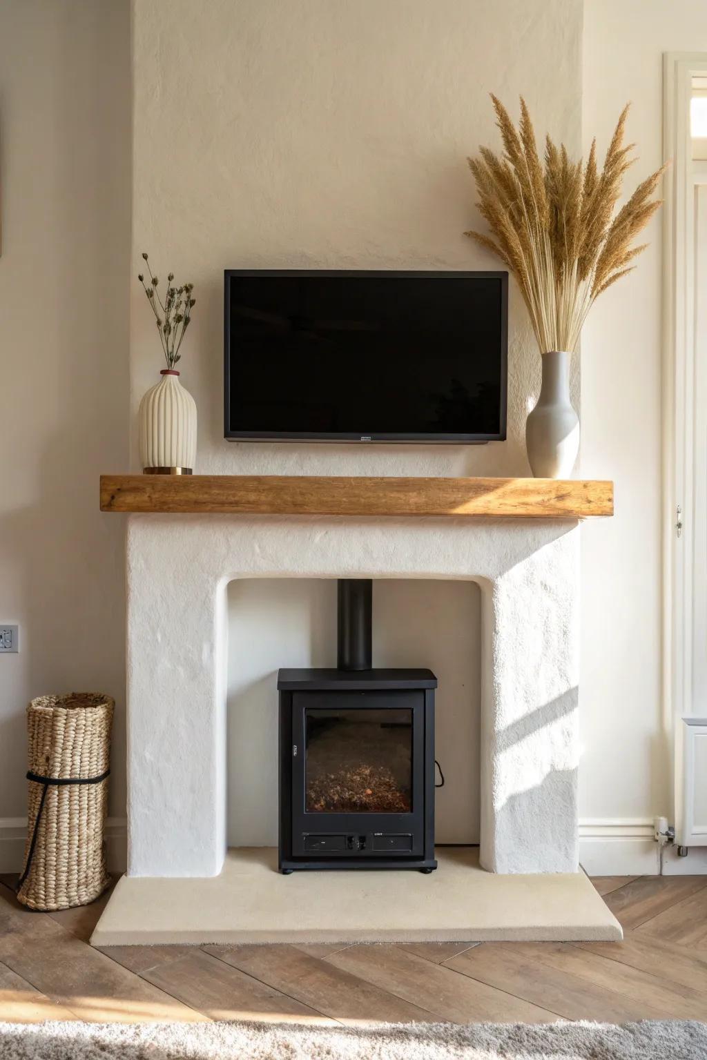 Stack the TV above the fireplace to free wall space—sleek, minimal mantel, zero clutter.