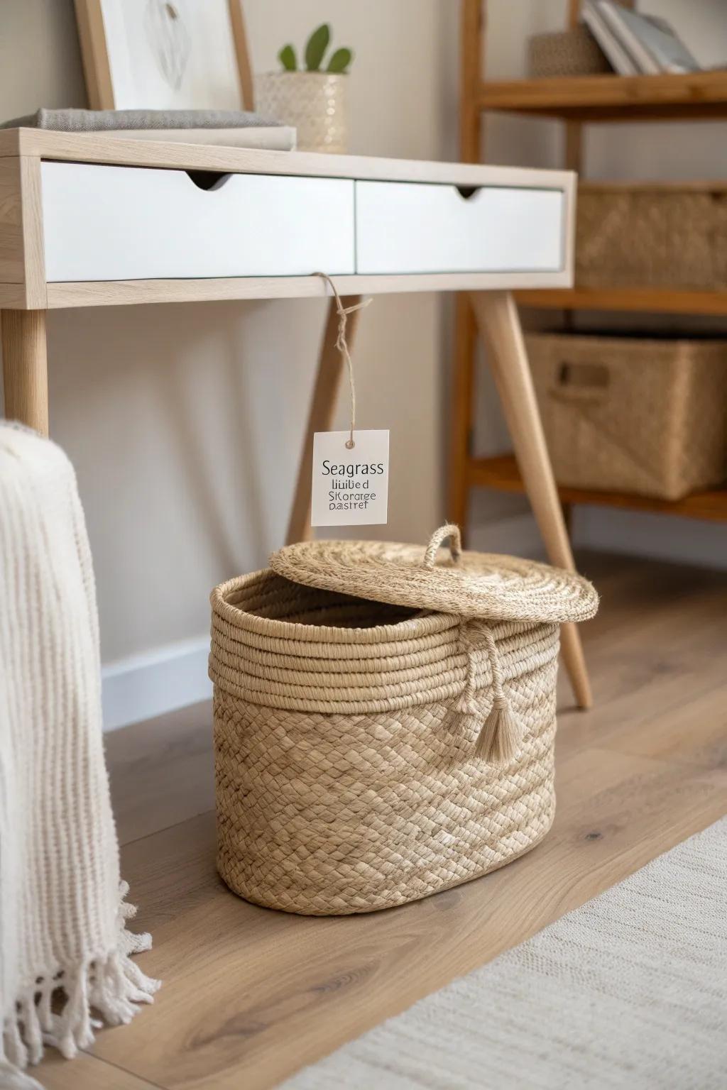 A woven under-desk basket hides chargers and papers—keeping your living room office calm.