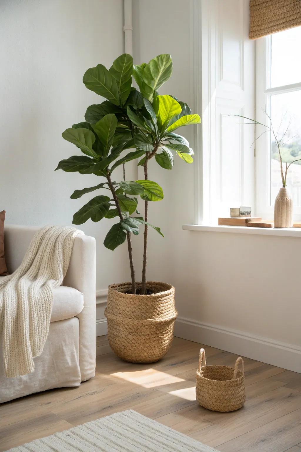 One tall plant instantly completes an awkward corner—clean, cozy, and perfectly balanced.
