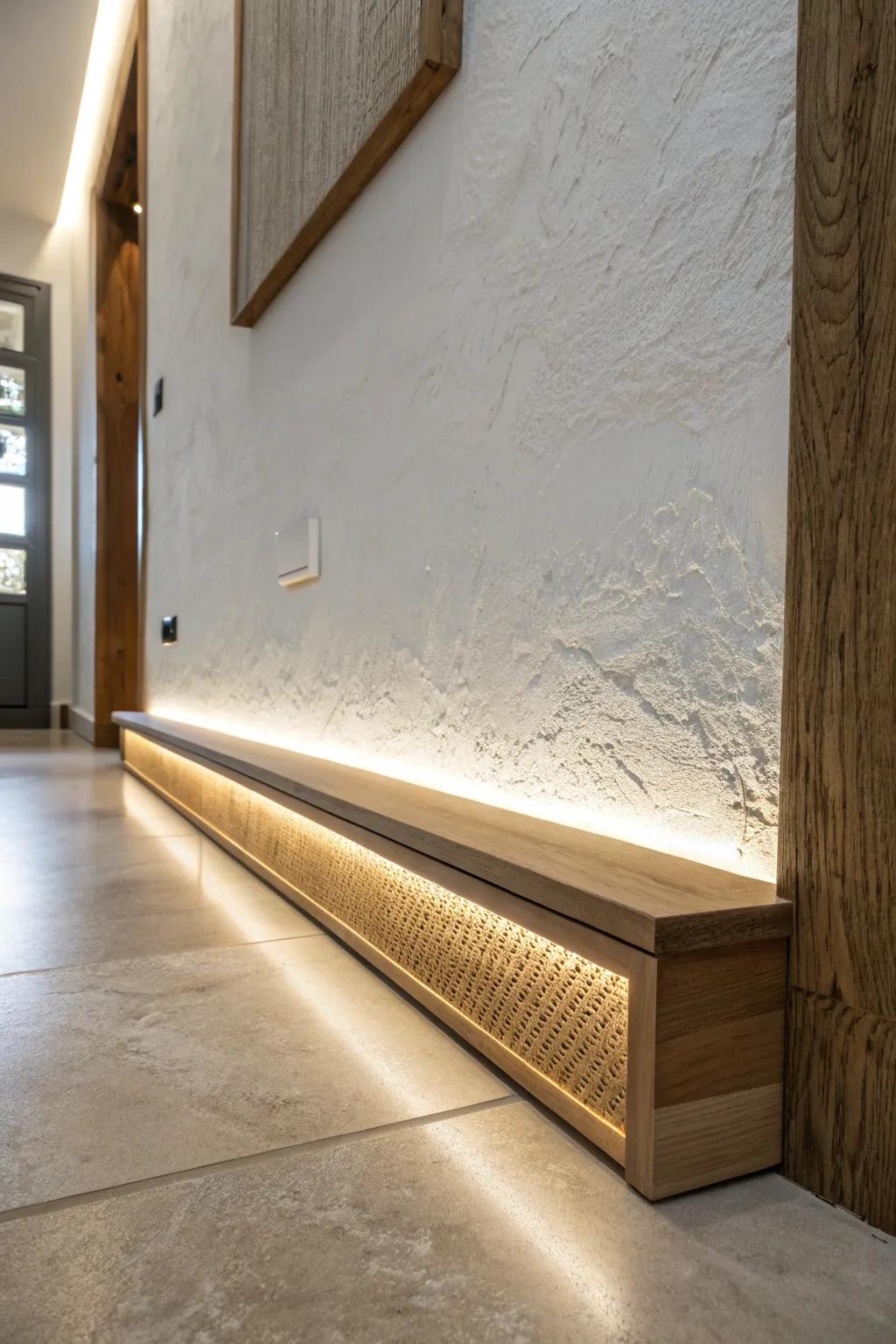 Warm hidden LED under a slim oak ledge adds an instant luxe glow to the smallest lobby.