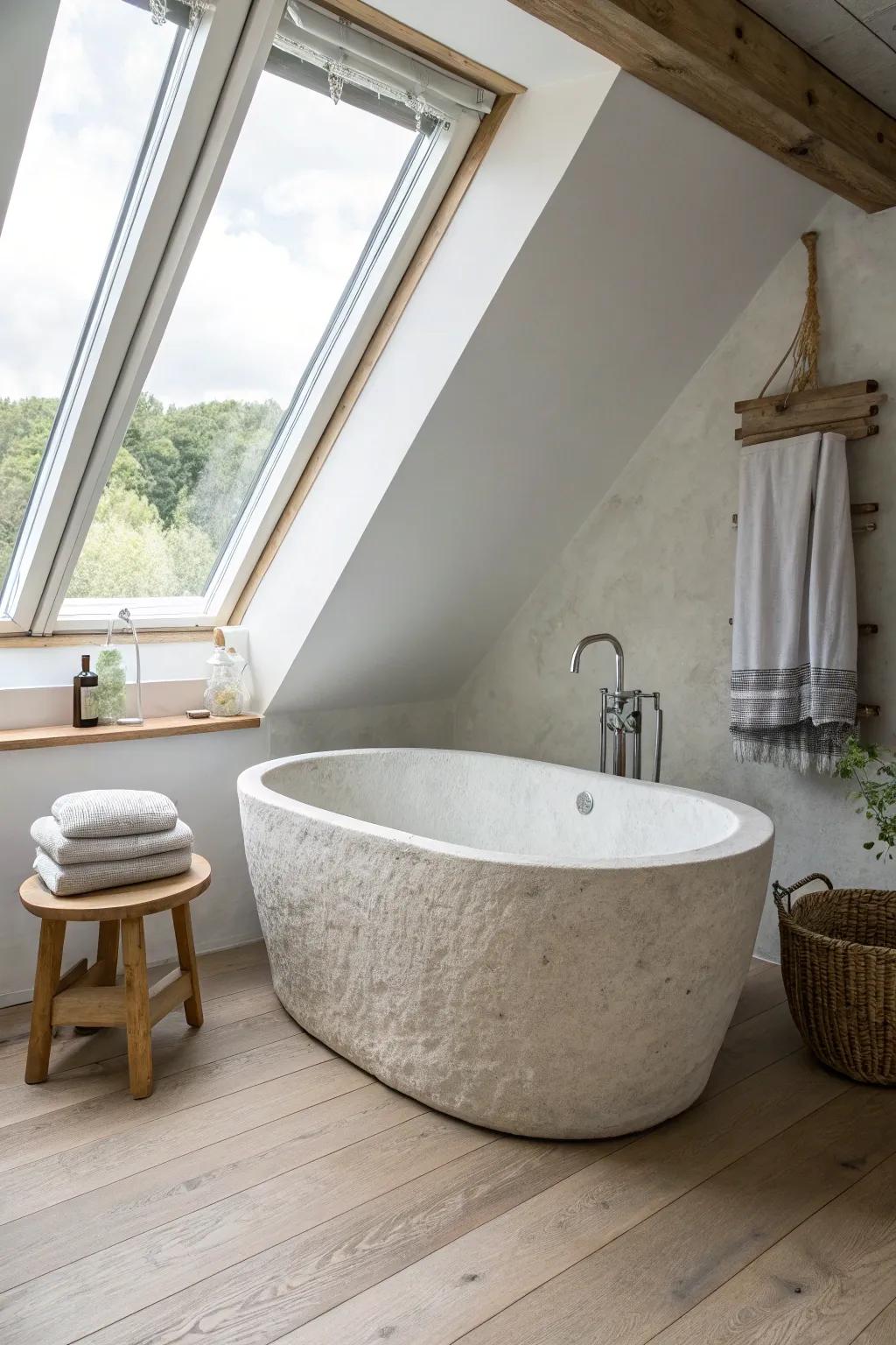 A petite loft tub tucked under the slope—cozy spa vibes with smart headroom where it counts.