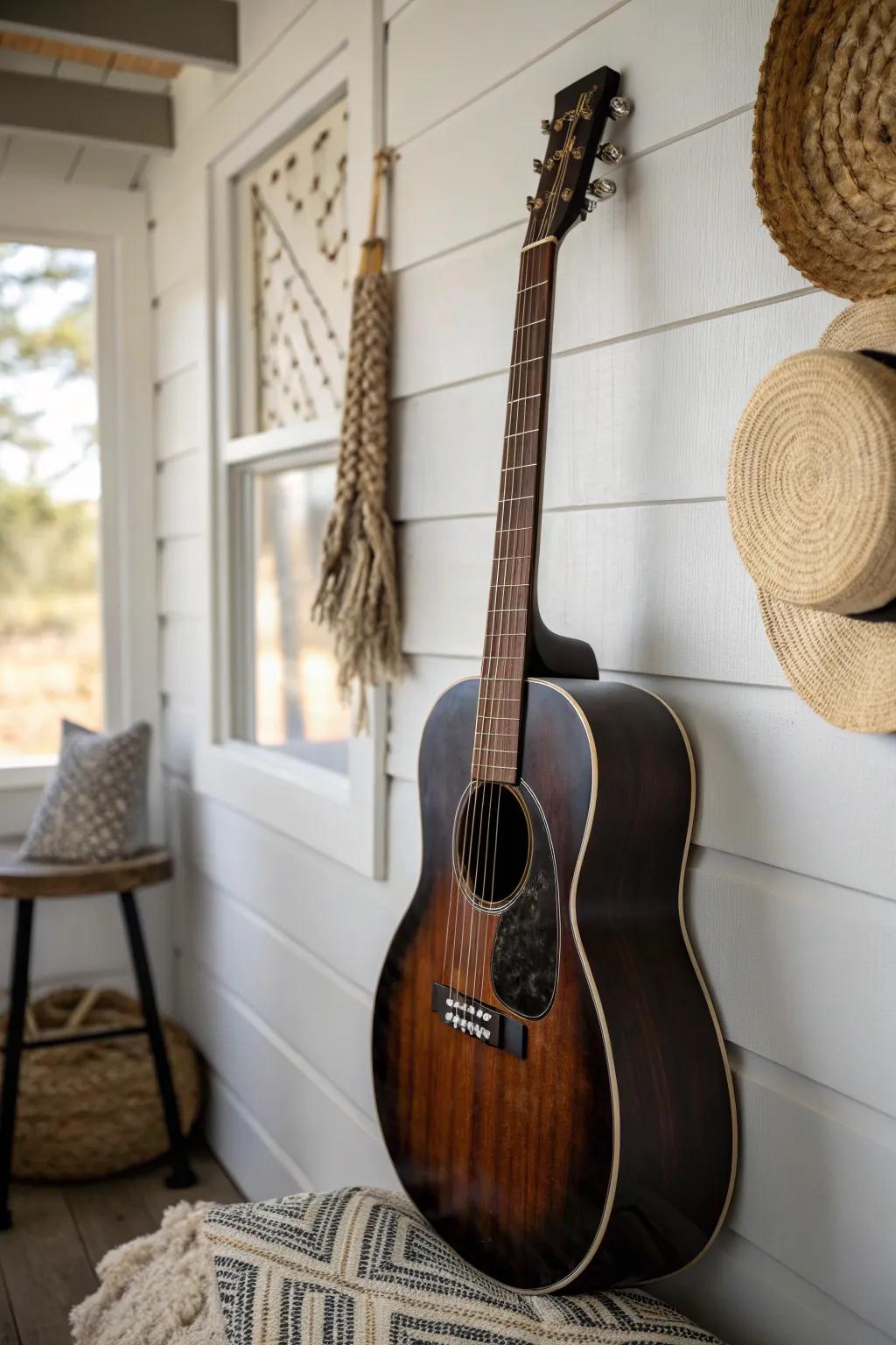 Make it feel curated: hang one statement piece (like a guitar) as gallery-style wall art.
