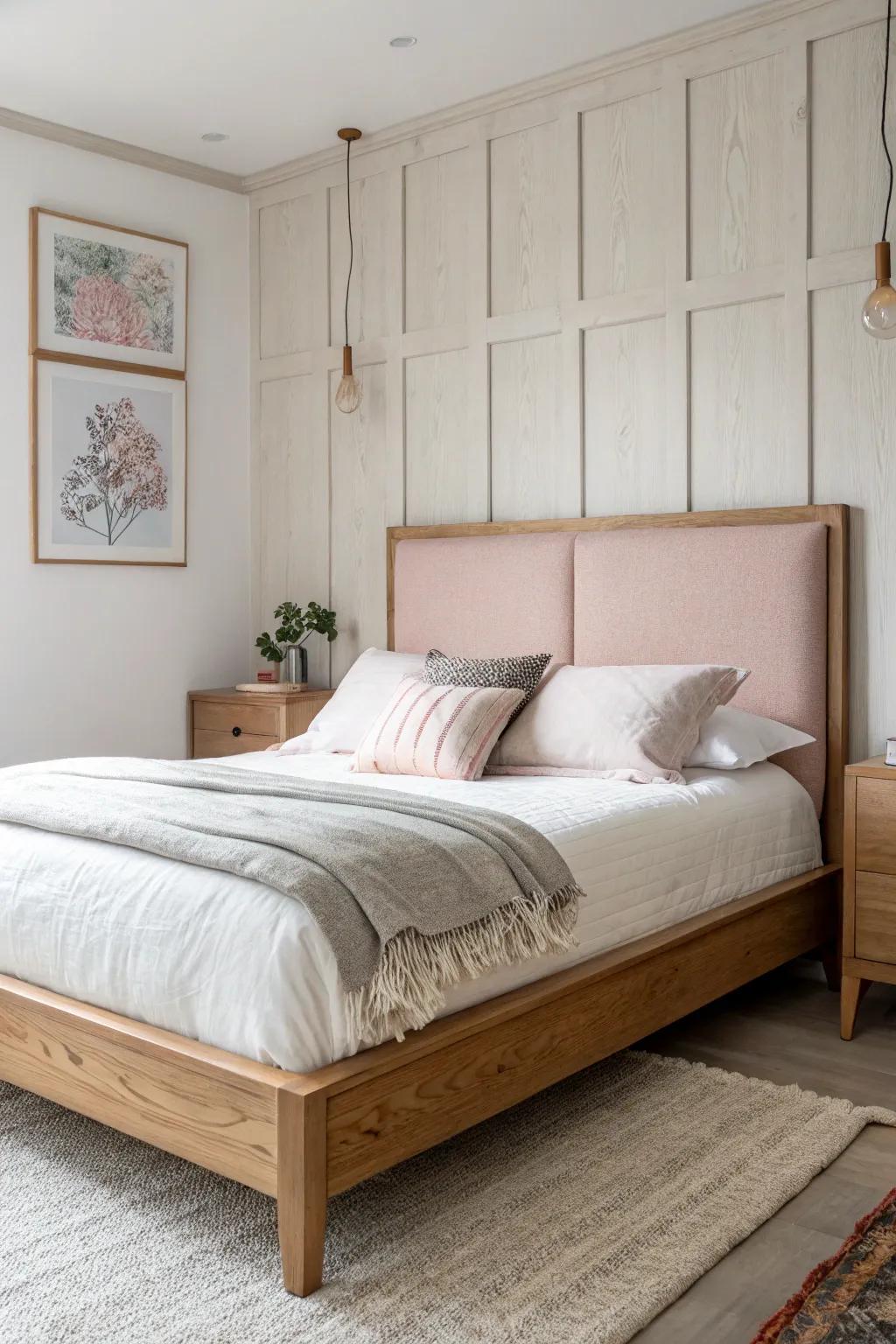 A soft limewash accent wall gives a small master bedroom a serene, intentional focal point.