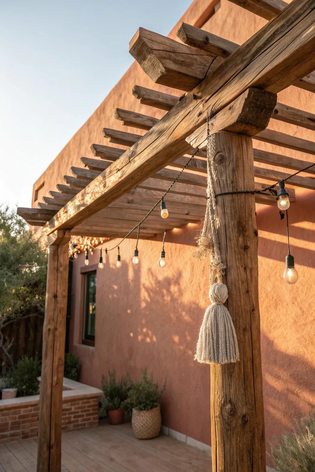 Rustic wood beam detail that instantly adds Mexican patio charm—perfect for hanging lights.