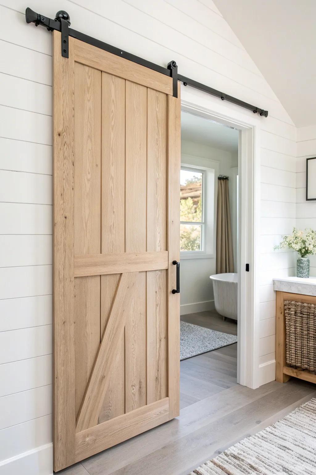 Swap a swing door for a sleek barn slider—instant space saver with modern farmhouse charm.