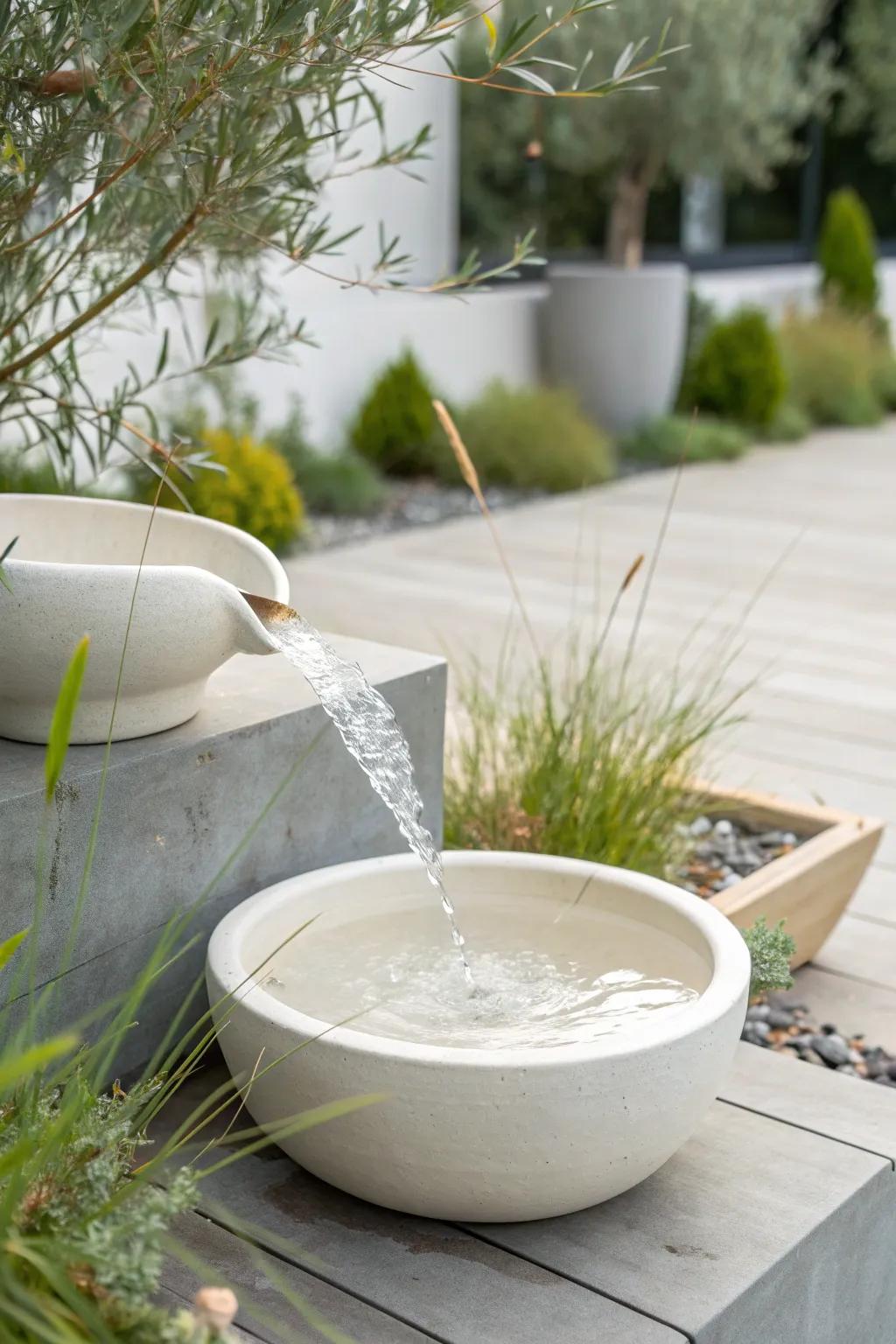 A sleek mini water feature adds soothing sound and spa-like calm to the smallest garden.