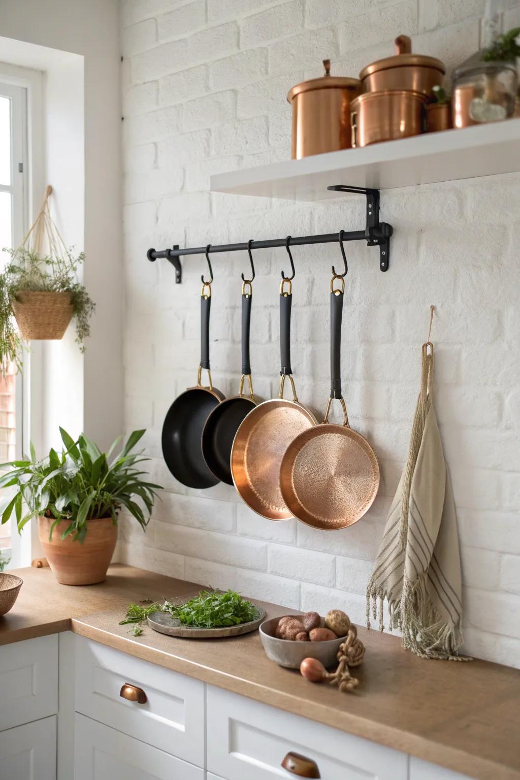 Free up cabinets with a sleek wall-mounted pot rack—minimal, tidy, and beautiful in small kitchens.