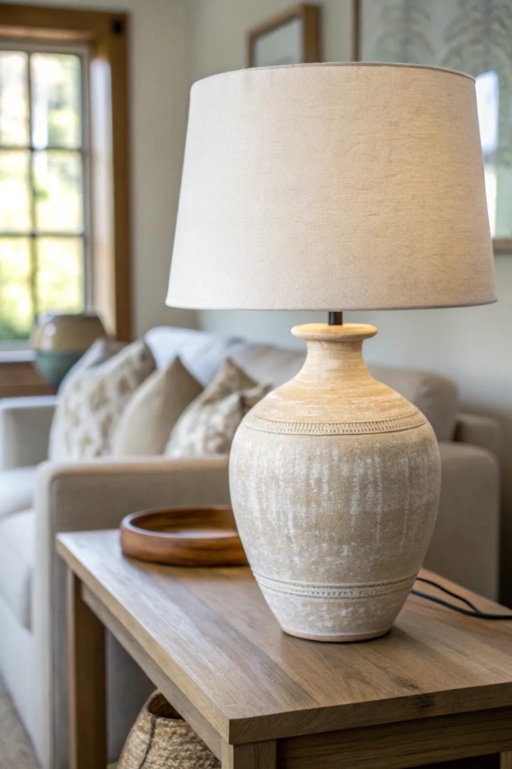 A centered lamp creates instant symmetry—making a narrow living room feel calm and balanced.