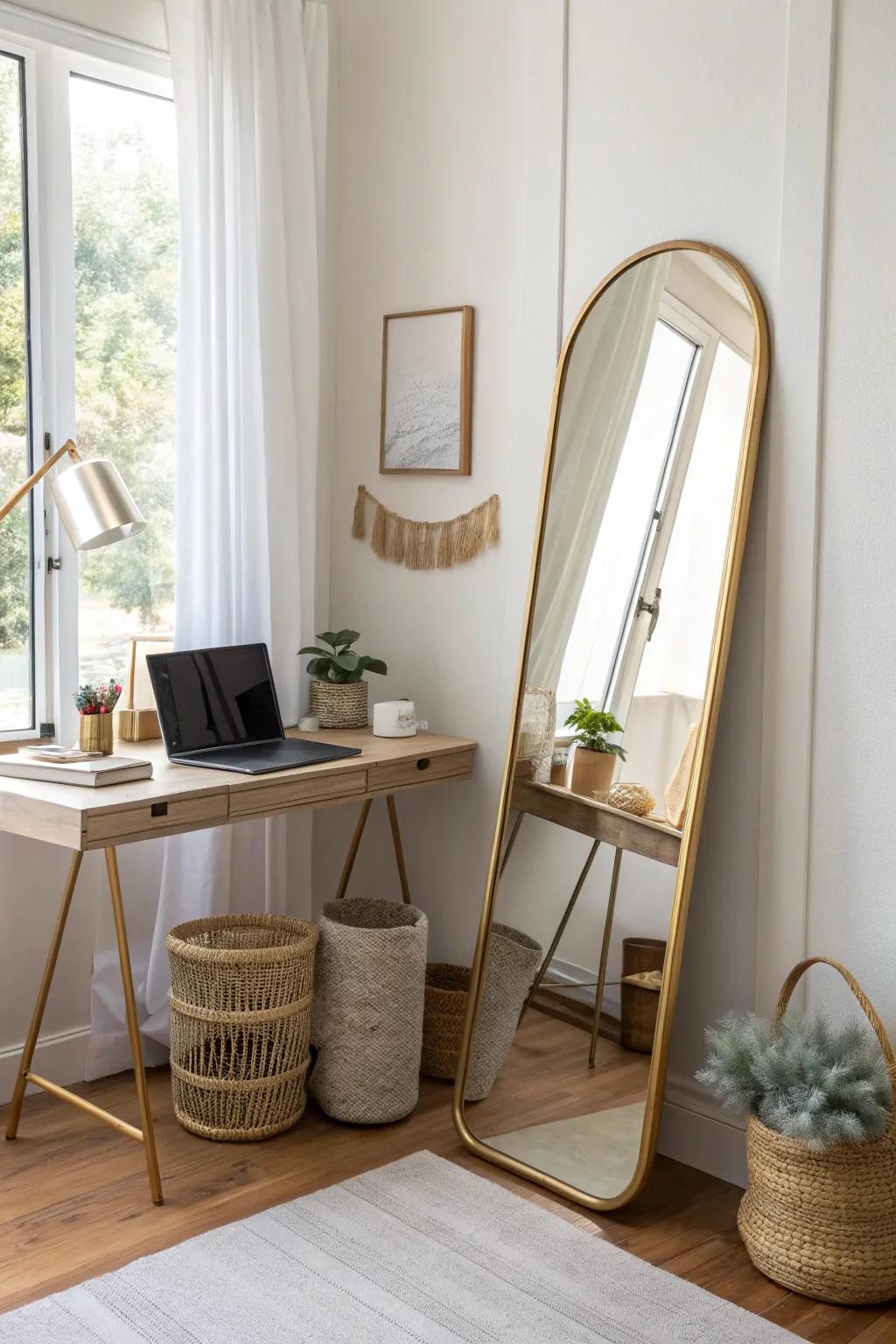 Lean a mirror by your desk to bounce light and make a tiny work nook feel twice as big.