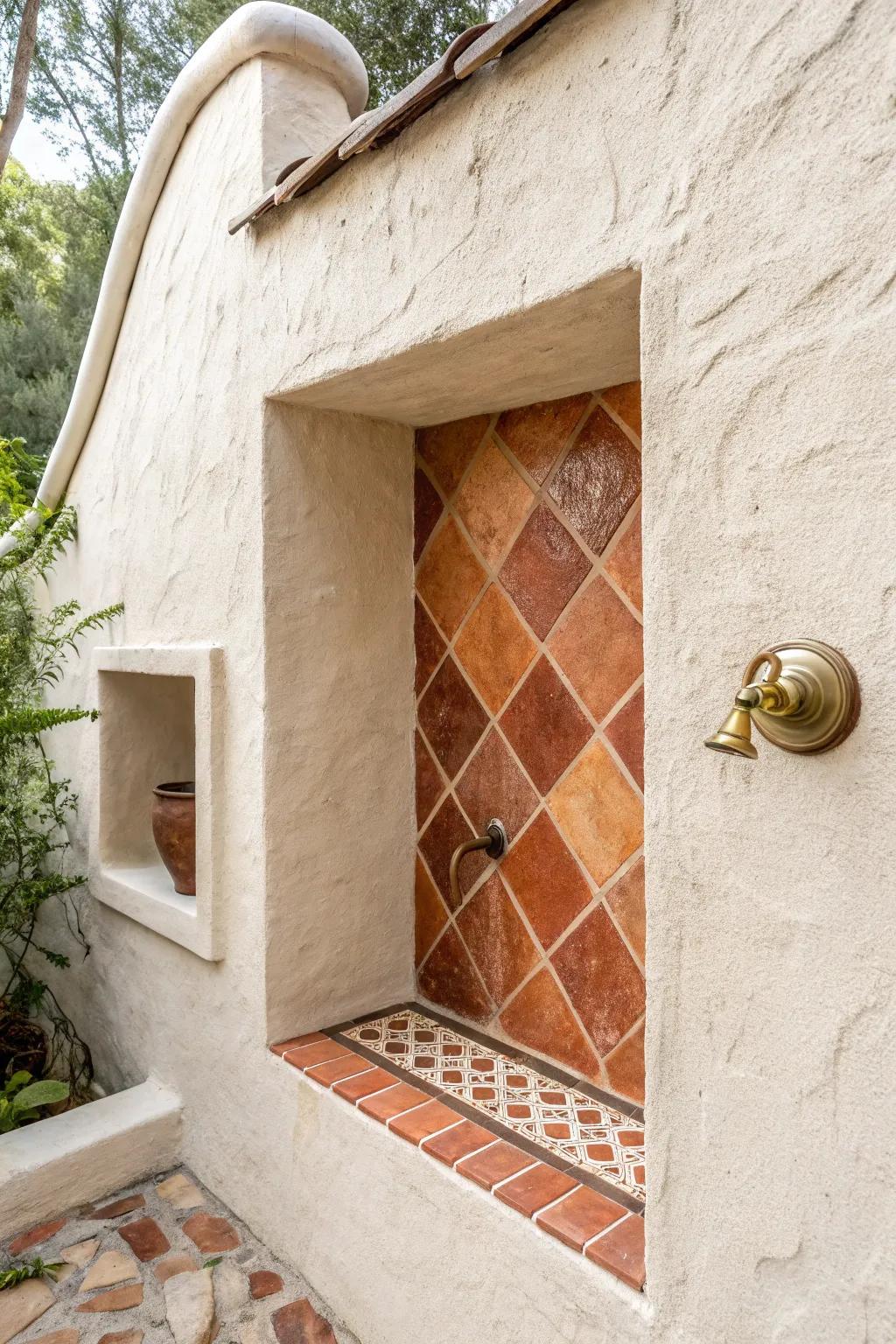 Statement tile in one tiny shower niche—bold, practical, and perfect for small outdoor baths.