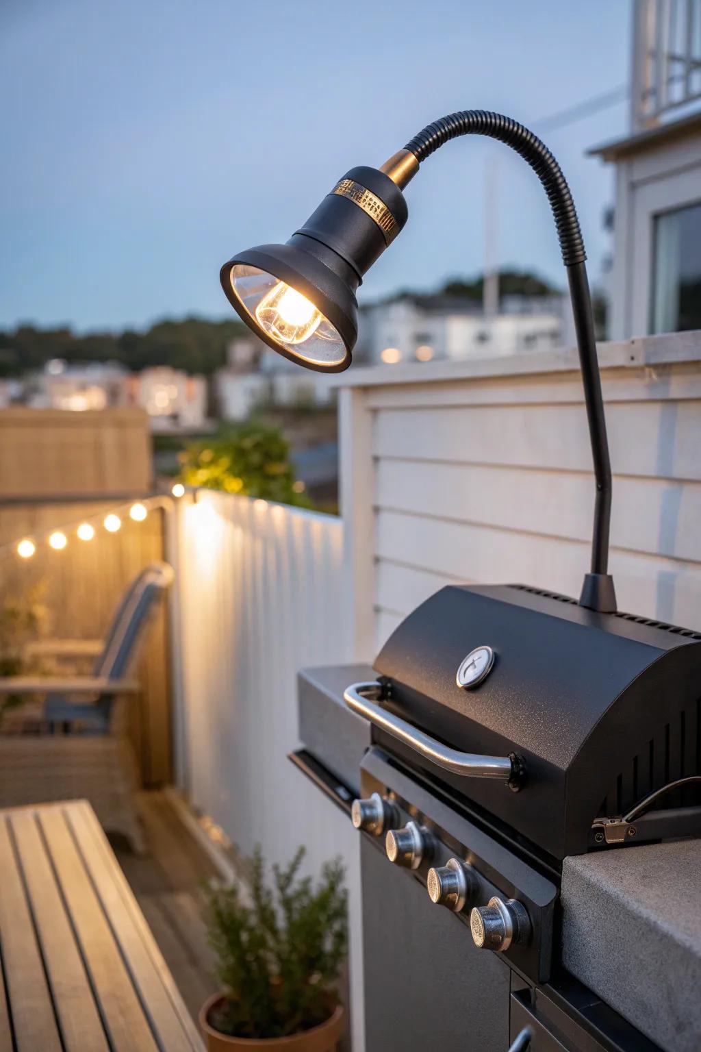 A sleek clamp-on grill light turns tiny patios into easy, after-dark BBQ stations.