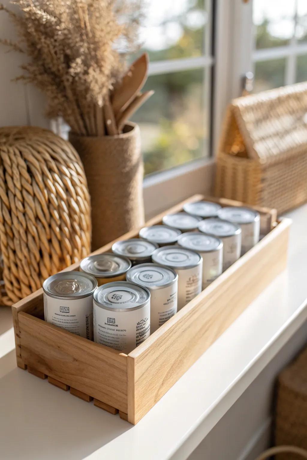 A simple can “front row” system: labels out, duplicates together—small pantry instantly styled.
