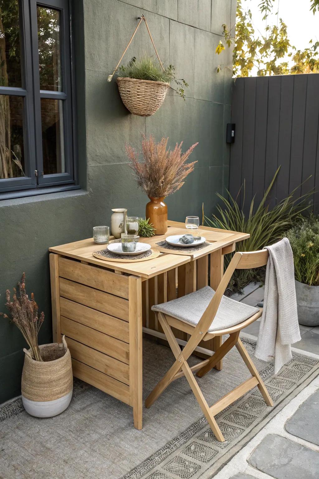 Wall-hugging patio table turns a tiny balcony into a chic mini dining spot—no crowding.