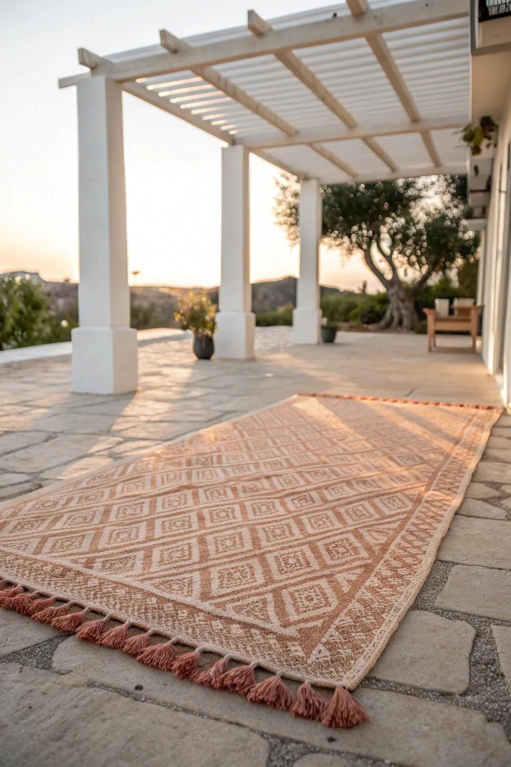 A patterned outdoor rug instantly turns a small pergola patio into a cozy “room” with a floor.