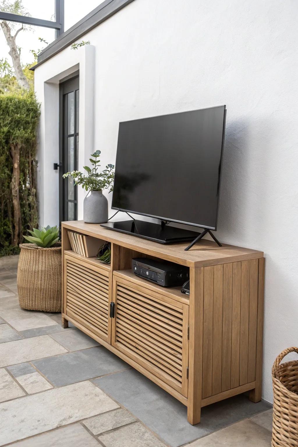 Lift-top TV cabinet: sleek patio storage that hides the screen for a clean, calm small-space look.