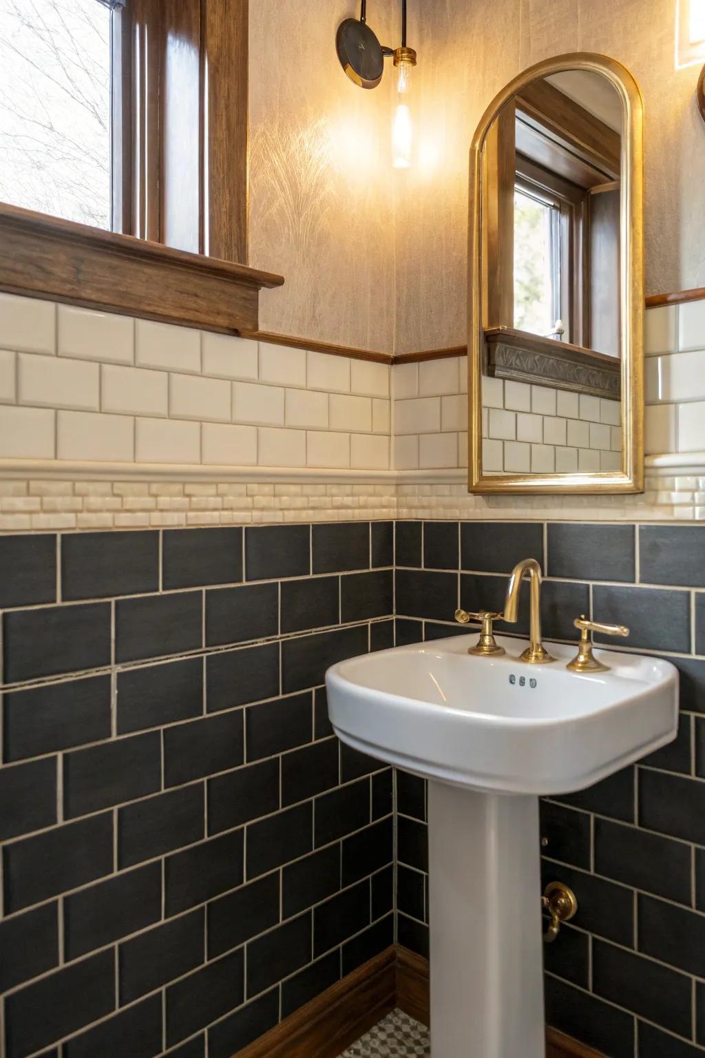 Two-tone tile split: dark on bottom hides scuffs, light above keeps the powder room airy.