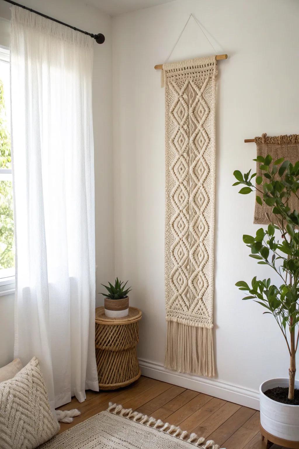 Lift a low ranch ceiling with one tall art piece and curtains hung high for instant height.