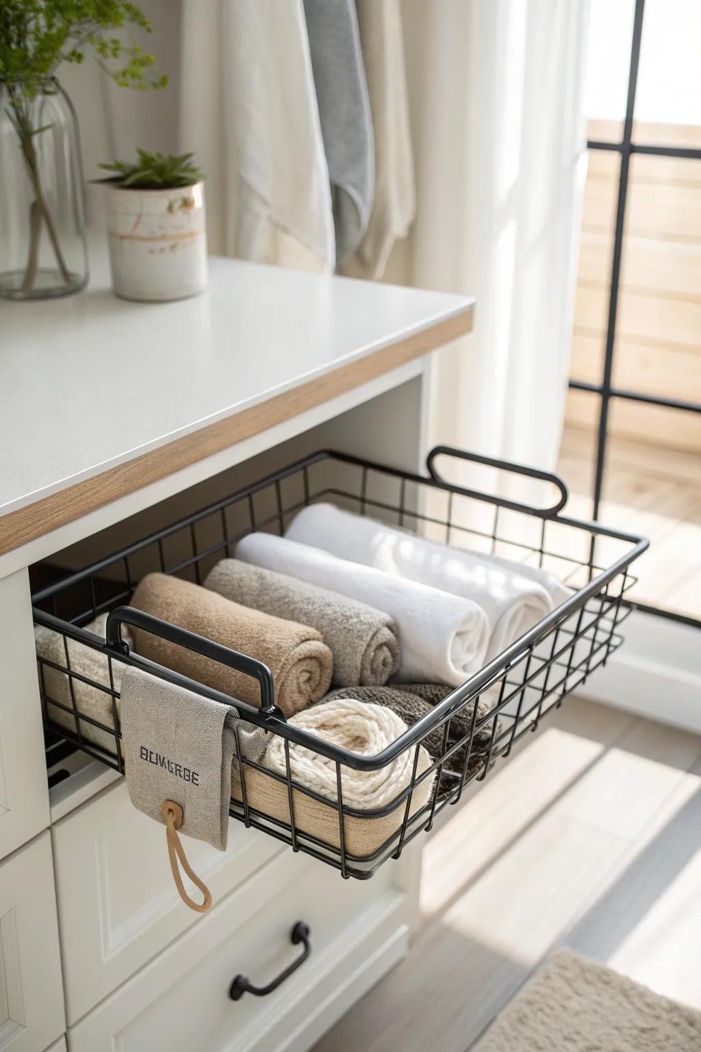 Pull-out basket keeps socks and gym essentials in sight—quick grabs, no duplicate buys.
