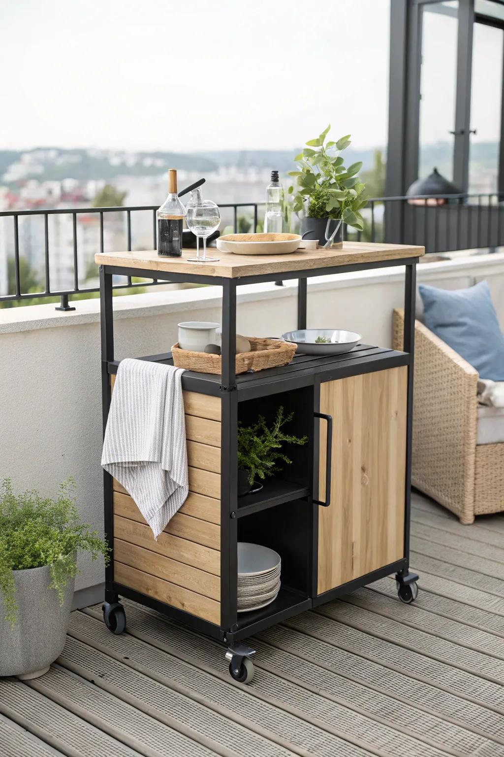 A slim rooftop kitchen cart creates a mini café-style outdoor kitchen corner—tidy and chic.